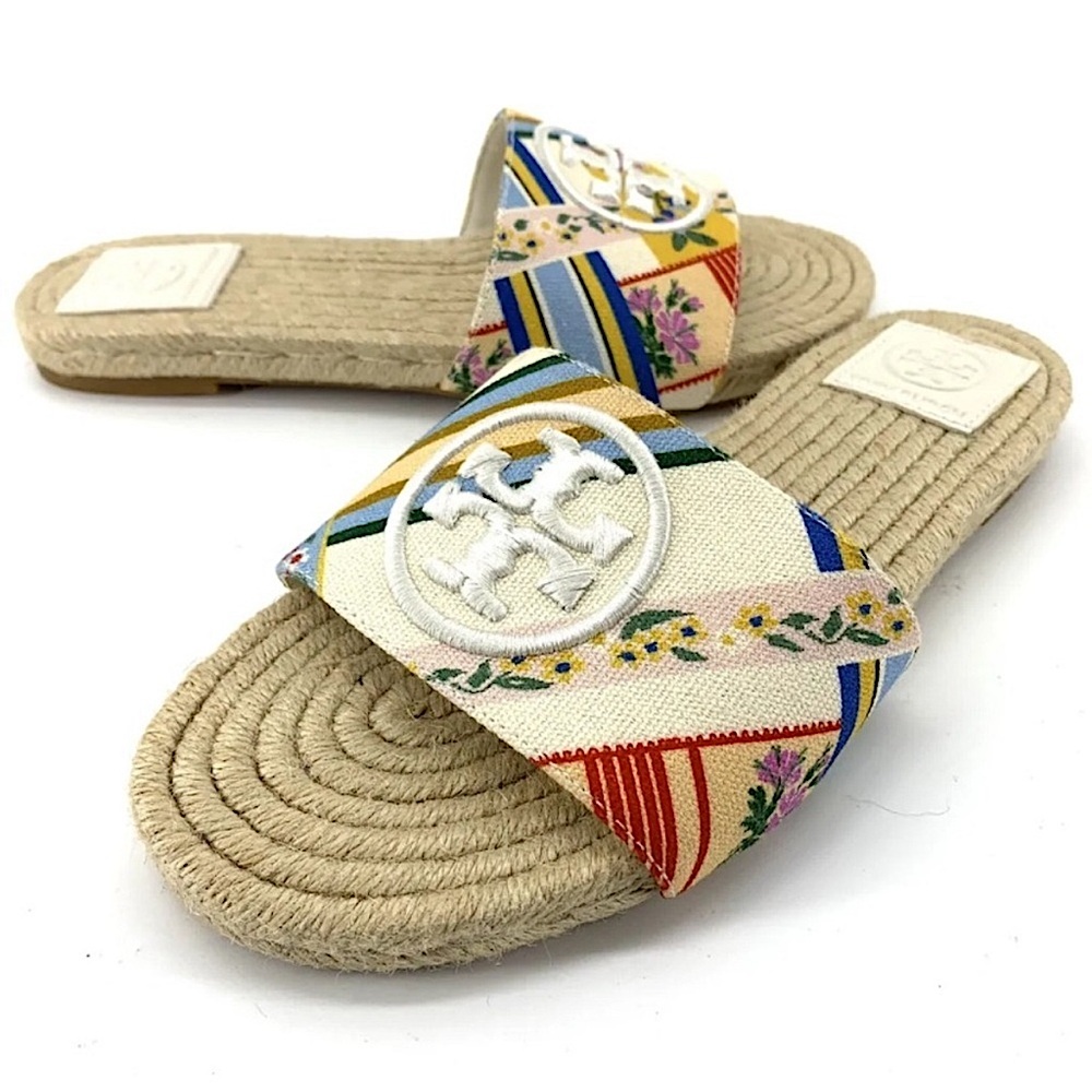 Tory Burch Benton Multicolor Ribbon Printed Canvas Espadrille Open Toe Sandals